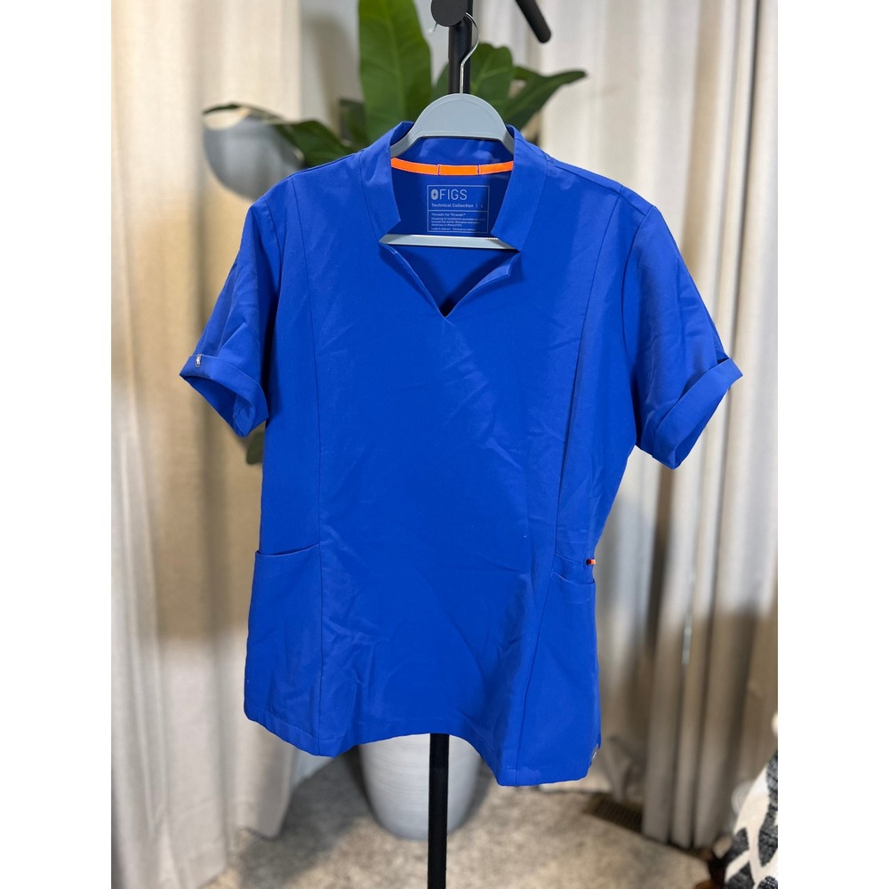 FIGS Technical Collection Royal Blue Mandarin Collar V-Neck Scrub Top Womens L
